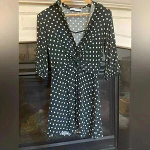 Zara Womens Dark Green Polkadot Dress Size XS Button Front, Wrap Long Sleeve